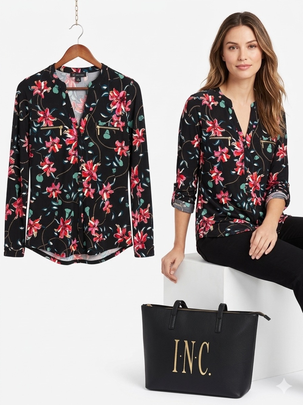 INC International Concepts Black Floral Henley Shirt - Pink Floral